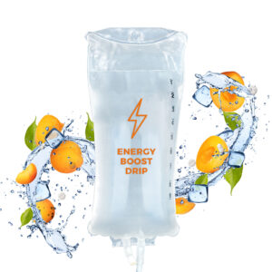 Energy Boost Drip IV bags set against the background of lemons, mint leaves, ice cubes and splashing water.