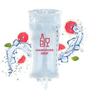 Hangover Drip IV bag set against a background of sliced grape fruits, mint leaves, ice cubes and splashing water