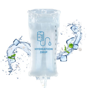 Hydration Drip IV bag set against a background of mint leaves, ice cubes and splashing water