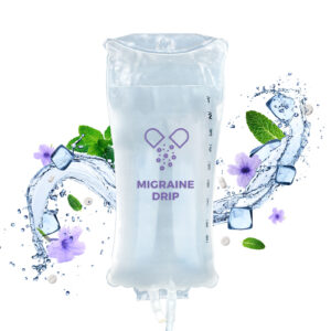 Migraine Drip IV bags set against balloon flower leaflets, mint leaves, ice cubes and splashing water