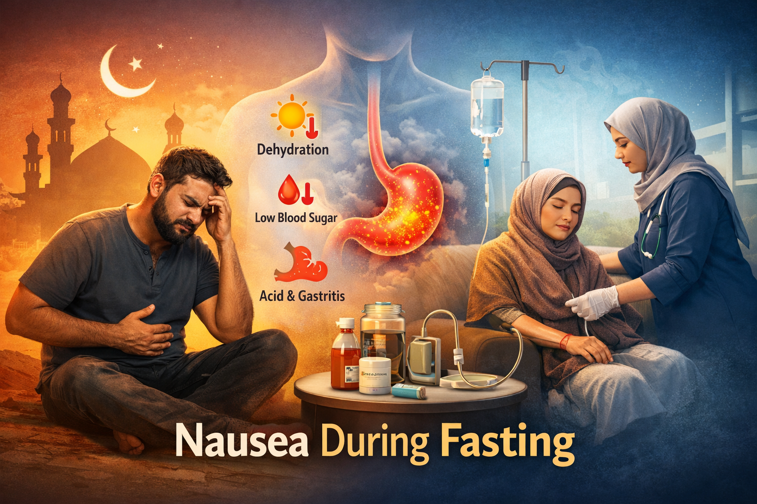 a person experiencing nausea during Ramadan fasting with dehydration, low blood sugar, and gastritis indicators, alongside a nurse administering IV hydration therapy at home in Dubai, representing medical support such as IV drip home service Dubai for fasting-related dehydration.