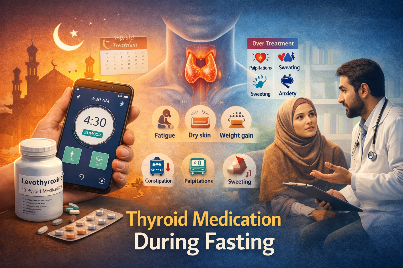 thyroid medication timing during Ramadan fasting, including levothyroxine before suhoor, thyroid gland diagram with symptoms, and a patient consulting a physician, representing thyroid care and doctor on call Dubai services for medication guidance and monitoring at home.