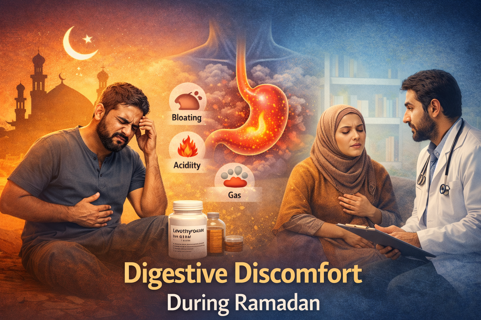 A person with digestive discomfort during Ramadan fasting with symptoms like bloating, acidity, and gas, while a patient consults a physician, representing medical support and doctor on call Dubai services for gastrointestinal issues during fasting.