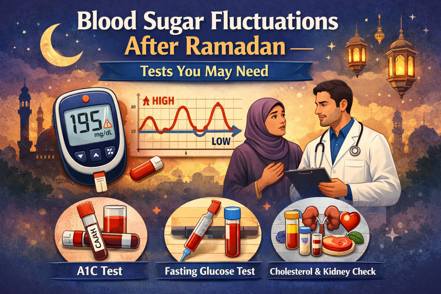 Patient checking glucose levels with a glucometer and blood sample test for blood sugar fluctuations, highlighting professional blood test in Dubai at home services for diabetes monitoring.