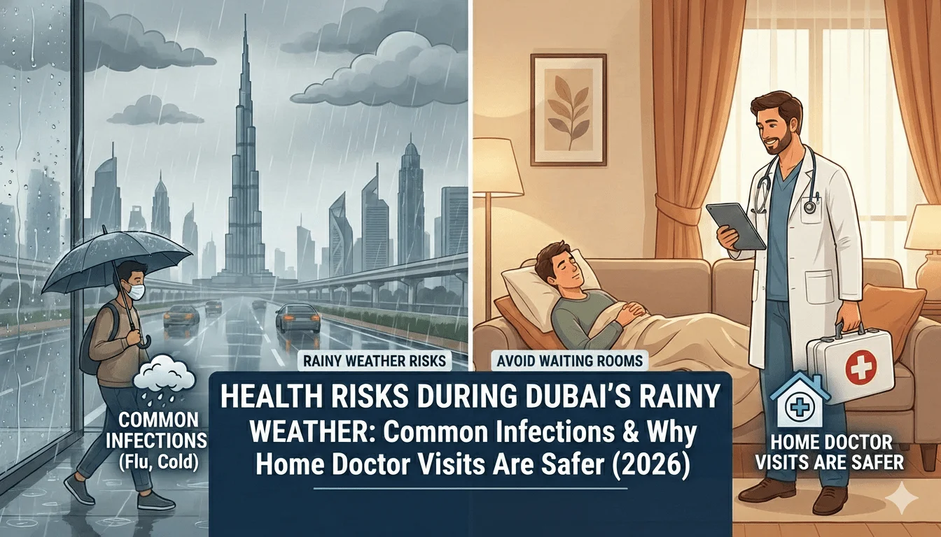 A split-screen illustration showing a rainy day in Dubai with the Burj Khalifa, contrasted with a professional at home doctor on call in Dubai providing a safe medical consultation to a patient in a comfortable living room setting.