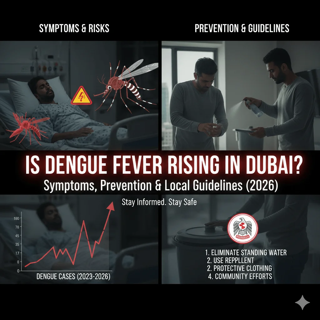 a Dubai cityscape after rain to medical prevention steps, featuring a mosquito icon, a digital thermometer showing high fever, and a healthcare professional providing home care to a patient.