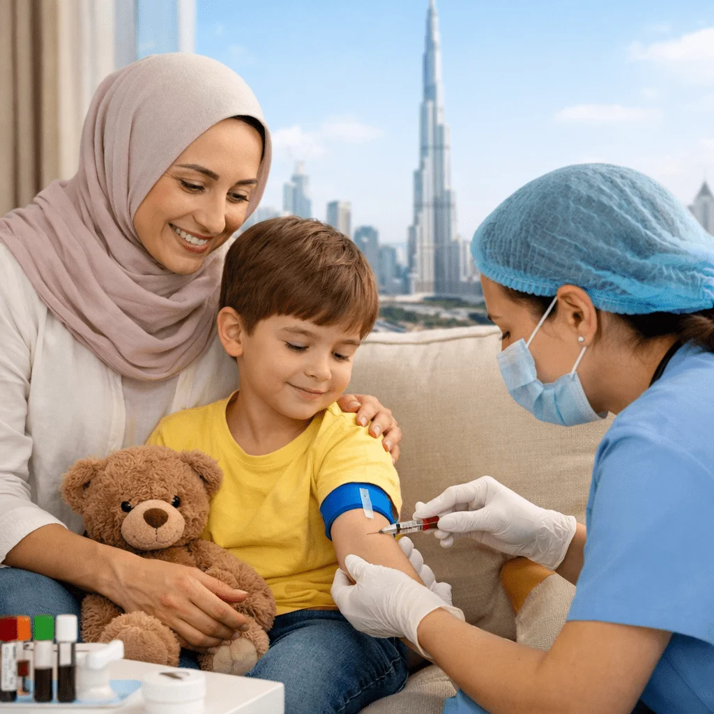 Nurse performing a pediatric blood test at home in Dubai while mother comforts child on a sofa with Burj Khalifa visible in the background.