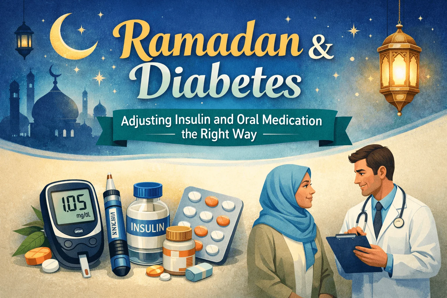 Ramadan night scene with crescent moon and mosque silhouette above, and below a glucometer, insulin vial, insulin pen, oral medication tablets, and a doctor consulting a Muslim woman about diabetes management during fasting.