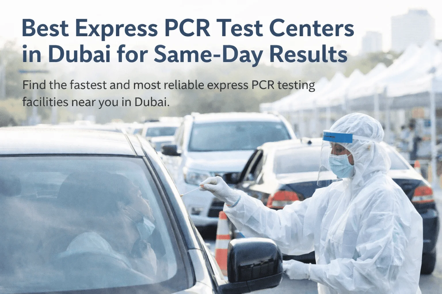 Drive-through PCR testing in Dubai with healthcare worker collecting nasal swab from patient inside car for express same-day COVID test results