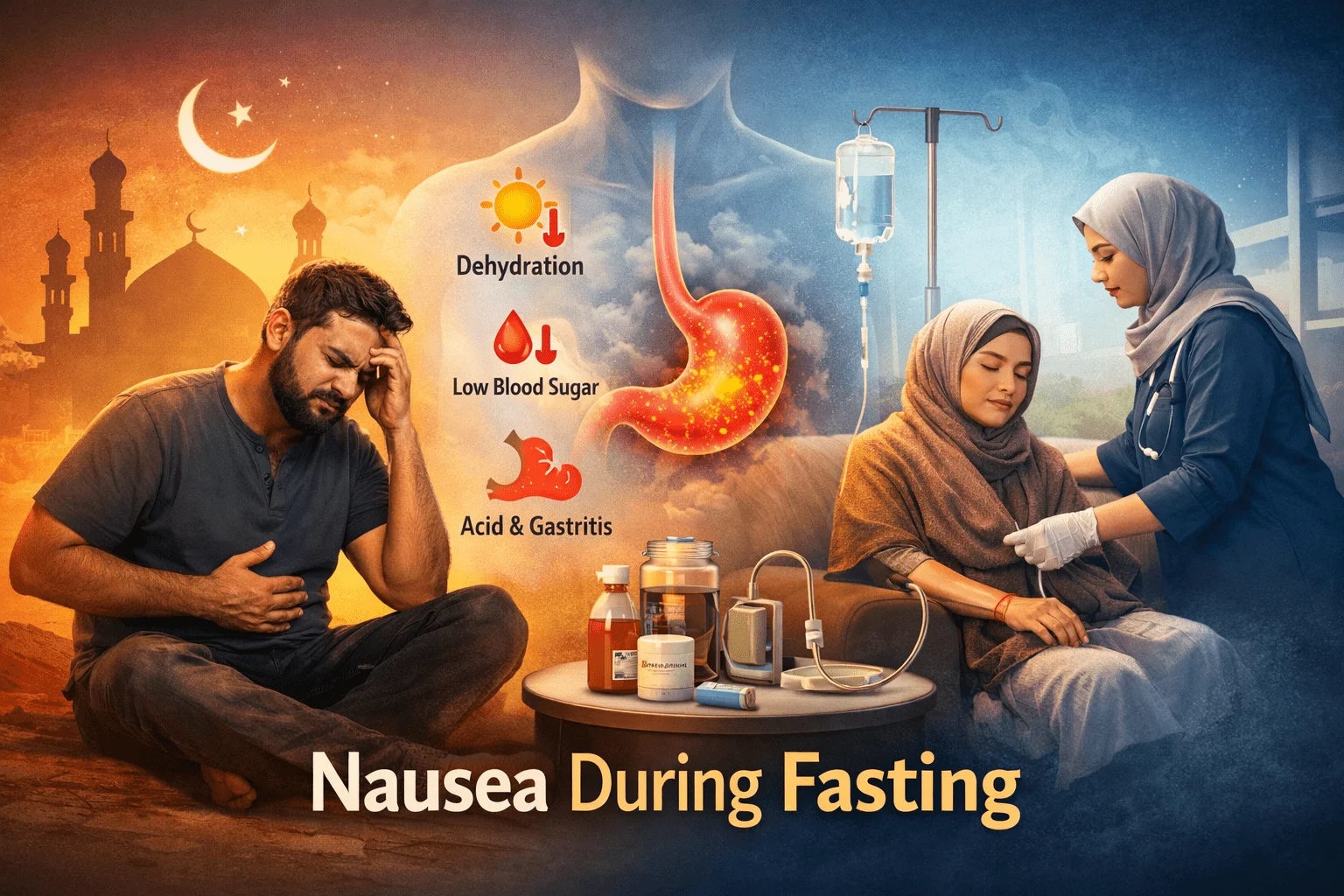 a person experiencing nausea during Ramadan fasting with dehydration, low blood sugar, and gastritis indicators, alongside a nurse administering IV hydration therapy at home in Dubai, representing medical support such as IV drip home service Dubai for fasting-related dehydration.