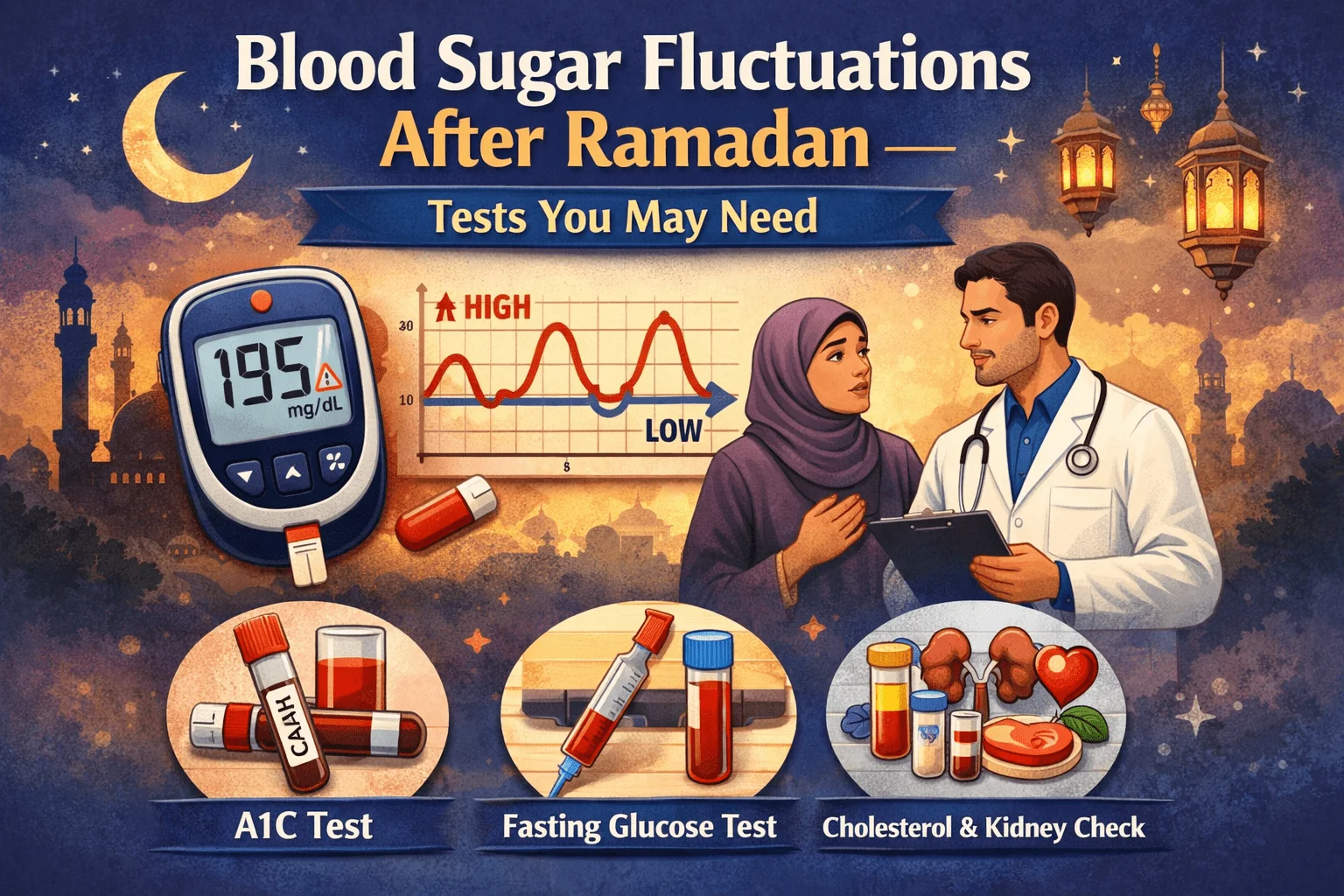 Patient checking glucose levels with a glucometer and blood sample test for blood sugar fluctuations, highlighting professional blood test in Dubai at home services for diabetes monitoring.