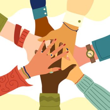 Hands of diverse group of people putting together. Concept of teamwork, cooperation, unity, togetherness, partnership, agreement, social community or movement. Flat style. Vector illustration